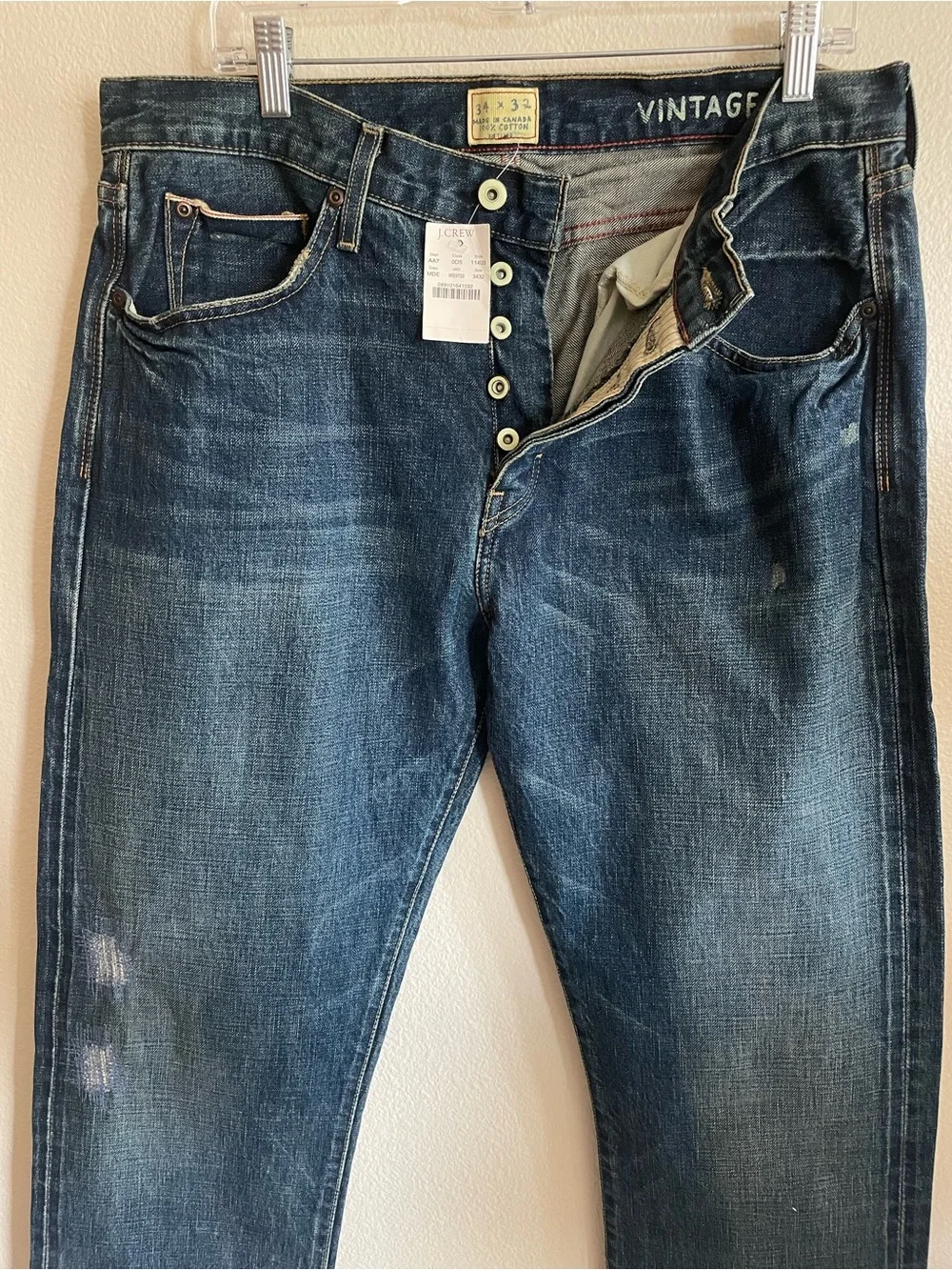 J. Crew Vintage Slim Fit button fly dark blue denim Jeans distressed vintage